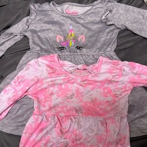 Baby girl long sleeve dresses. Pink & gray. Unicorn. (Stretchable)